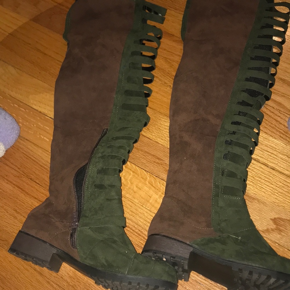 Green and brown suede boots
